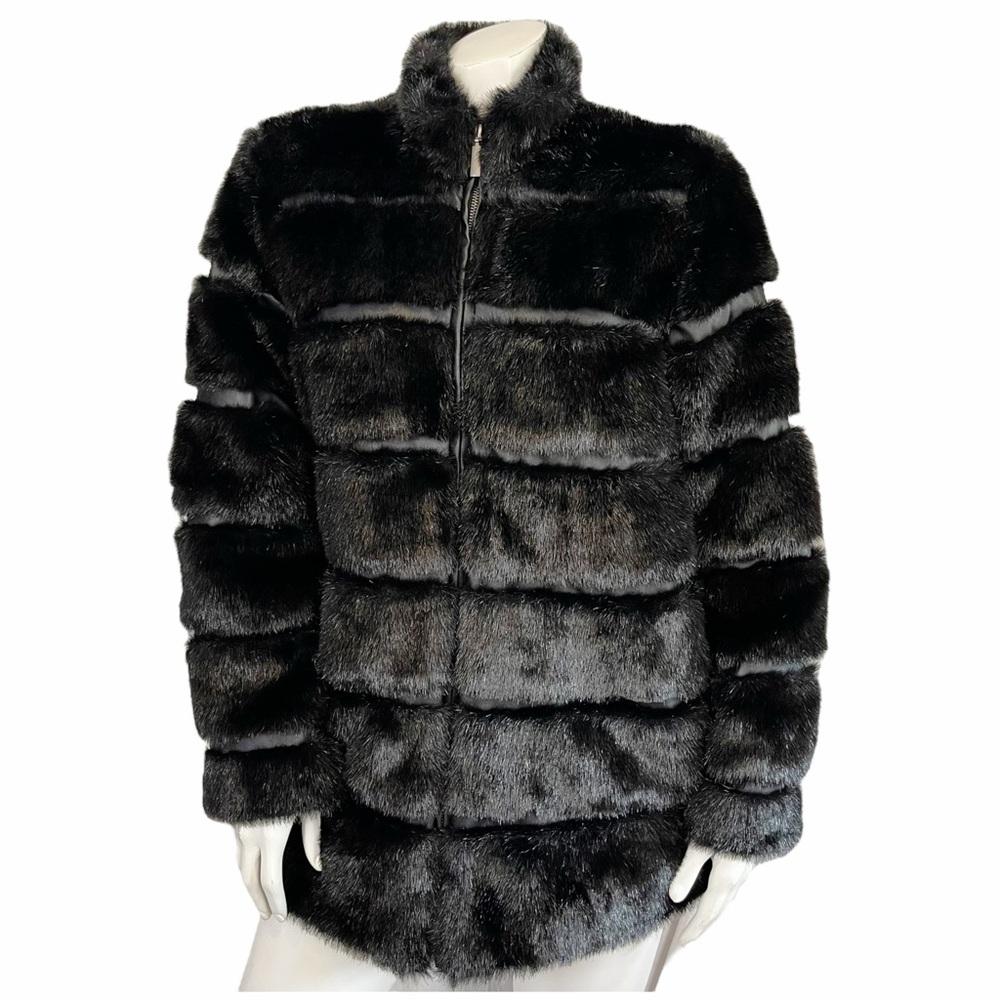 PAMELA MCCOY Black Vegan Leather & Fur Zip Up Jacket